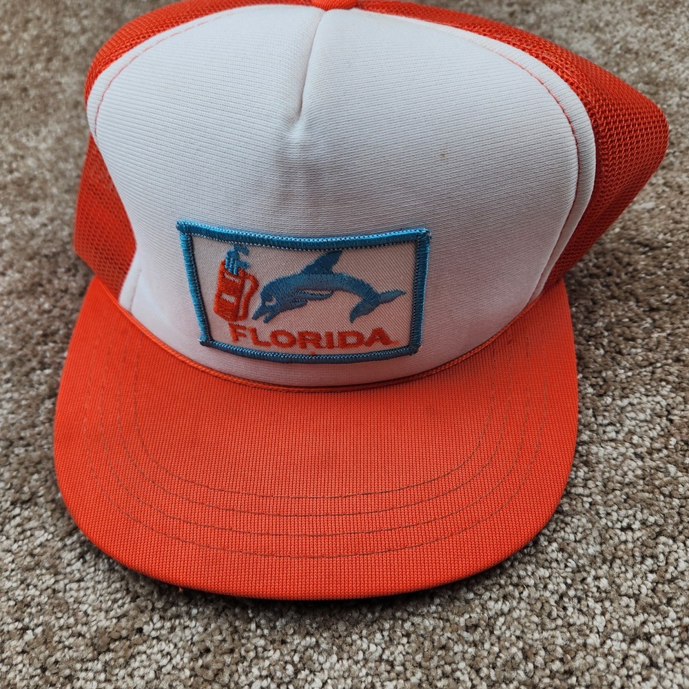Vintage Young An Florida Dolphin Golf Trucker‎ Hat Orange White Snapback Cap